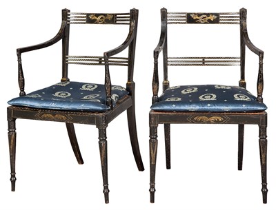 Lot 404 - Pair of Regency Gilt Decorated and Black...
