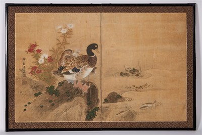 Lot 6 - Japanese Rimpa School Two-Panel Screen Edo...