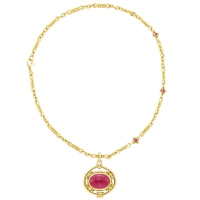 Lot 701 - Gold, Cabochon Pink Tourmaline, Yellow Sapphire and Cabochon Pink Tourmaline Pendant-Necklace, Helen Woodhull