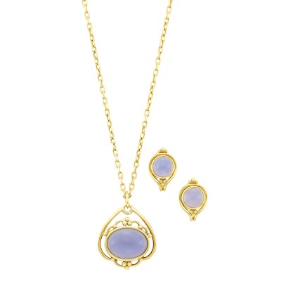 Lot 703 - Gold and Grayish-Blue Chalcedony 'Lace' Pendant-Necklace and Pair of 'Anne' Earrings, Helen Woodhull