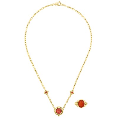 Lot 694 - Gold, Carnelian Intaglio and Carnelian Chain 'Summer Dream' Necklace and 'Andrea' Ring, Helen Woodhull