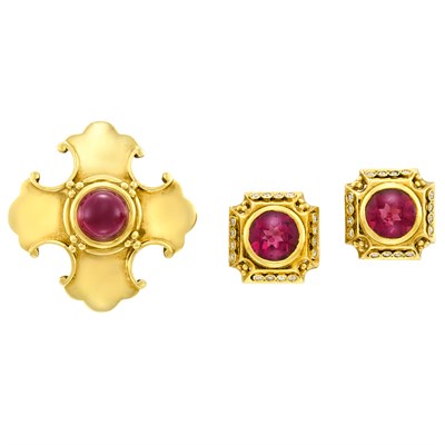 Lot 685 - Pair of Gold, Garnet and Diamond Earrings and Gold and Cabochon Garnet Maltese Cross Pendant-Brooch, Helen Woodhull