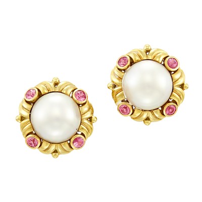 Lot 687 - Pair of Gold, Mabe Pearl and Pink Tourmaline Earrings, by Helen Woodhull