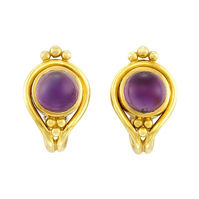 Lot 688 - Pair of Gold and Cabochon Amethyst 'Anne' Earrings, Helen Woodhull