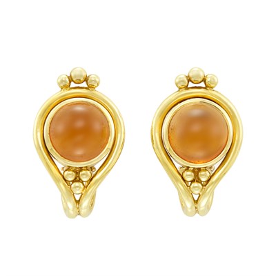 Lot 691 - Pair of Gold and Cabochon Hessonite Garnet 'Anne' Earrings, Helen Woodhull