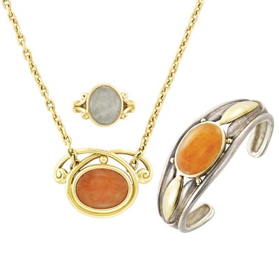 Lot 693 - Group of Gold, Sterling Silver, Orange and Gray Jade Jewelry, Helen Woodhull