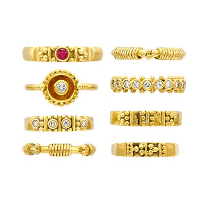 Lot 695 - Eight Gold, Diamond and Gem-Set Rings, Helen Woodhull
