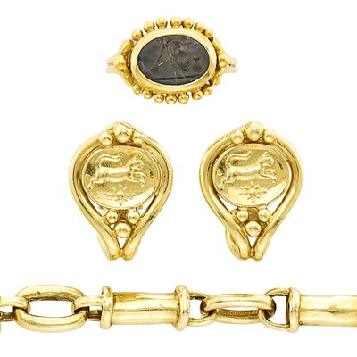 Lot 698 - Gold 'Zeus' Link Bracelet, Pair of Gold Earrings and Gold and Intaglio 'Iggy' Ring, Helen Woodhull