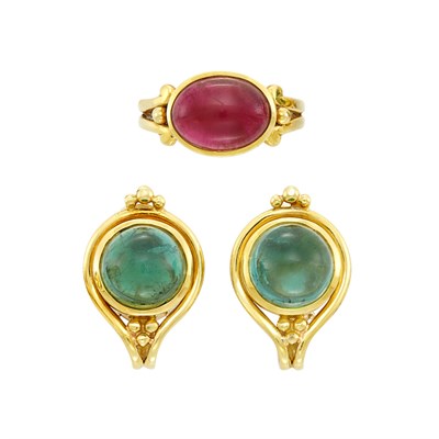 Lot 706 - Pair of Gold and Cabochon Tourmaline Earrings and Gold and Cabochon Pink Tourmaline Ring, Helen Woodhull