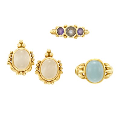 Lot 697 - Pair of Gold and Moonstone 'Stacey' Earrings & Two Cabochon Aquamarine and Gem-Set Rings, Helen Woodhull