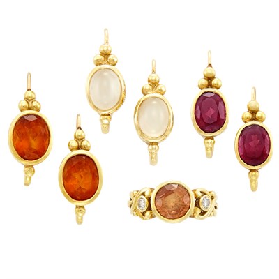 Lot 702 - Three Pairs of Gold, Moonstone, Garnet and Citrine Earrings and Gold, Orange Sapphire and Diamond Ring, Helen Woodhull