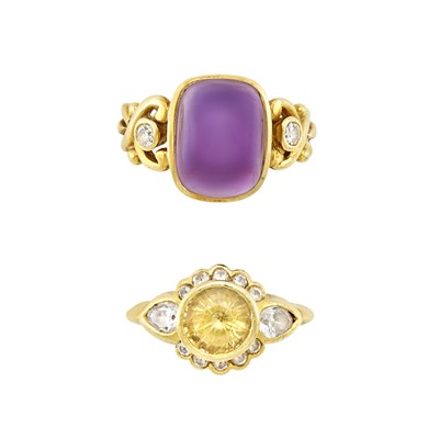 Lot 699 - Gold, Cabochon Amethyst and Diamond Ring and Yellow Sapphire and Diamond Ring, Helen Woodhull