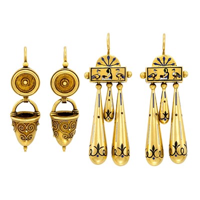 Lot 64 - Two Pairs of Antique Gold Pendant-Earrings