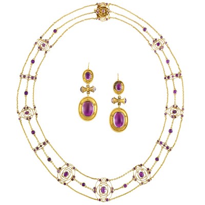 Lot 139 - Antique Triple Strand Gold and Amethyst Necklace and Pair of Gold and Foiled-Back Cabochon Amethyst Pendant-Earrings