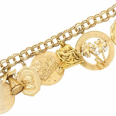 Lot 582 - Gold, Enamel, Cultured Pearl and Jade Charm Bracelet