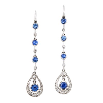 Lot 337 - Pair of Platinum, Sapphire and Diamond Pendant-Earrings