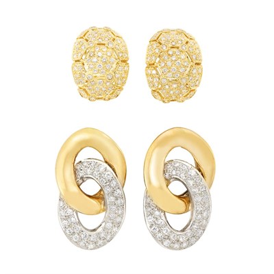 Lot 168 - Pair of Two-Color Gold and Diamond Curb Link Earrings and Gold and Diamond Bombe Earrings