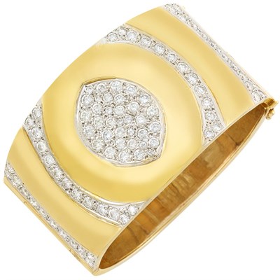 Lot 713 - Two-Color Gold and Diamond Cuff Bangle Bracelet
