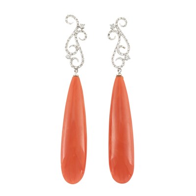 Lot 624 - Pair of White Gold, Diamond and Coral Pendant-Earrings