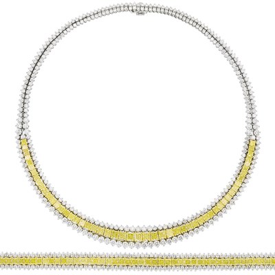 Lot 301 - Platinum, Gold, Fancy Colored Yellow Diamond and Diamond Necklace and Bracelet