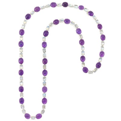Lot 275 - Long White Gold, Cabochon Amethyst and Moonstone Necklace