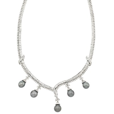 Lot 721 - White Gold, Diamond and Tahitian Gray Cultured Pearl Necklace