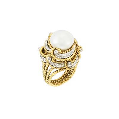Lot 158 - Two-Color Gold, Cultured Button Pearl and Diamond Ring