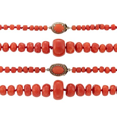 Lot 422 - Two Coral Bead Necklaces with Silver and Coral Clasps