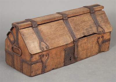Lot 620 - Wrought Iron Mounted Oak Boarded Box 16th...