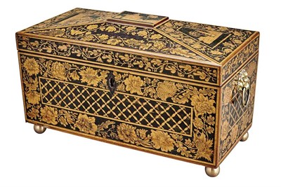 Lot 361 - Regency Penwork Decorated Fruitwood Tea Caddy...