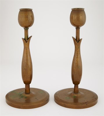 Lot 378 - Pair of Arts and Crafts Bronze Candlesticks...