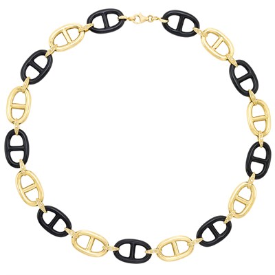 Lot 518 - Gold, Black Agate and Diamond Nautical Link Necklace