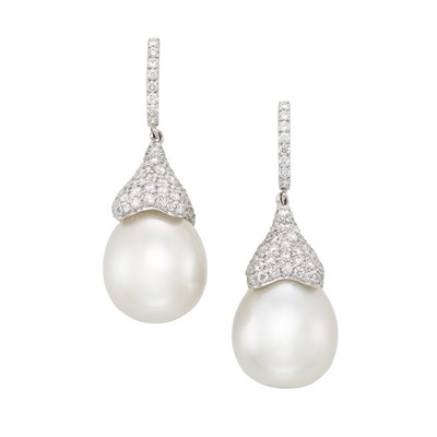 Lot 139 - Pair of White Gold, Diamond and South Sea Cultured Pearl Pendant-Earrings