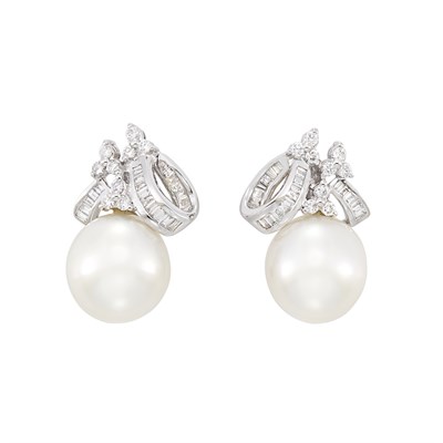 Lot 465 - Pair of White Gold, Diamond and South Sea Cultured Pearl Earrings