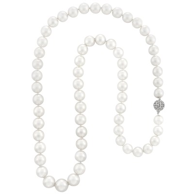 Lot 728 - Long South Sea Cultured Pearl Necklace with White Gold Ball Clasp