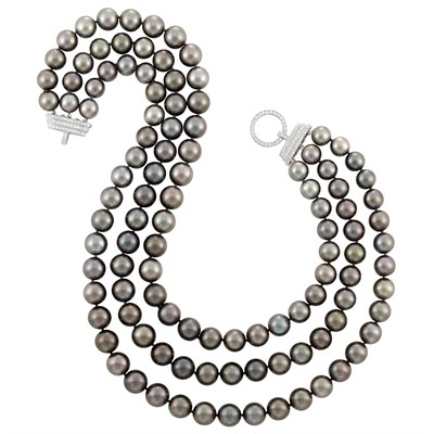 Lot 723 - Triple Strand Tahitian Gray Cultured Pearl Necklace with White Gold and Diamond Clasp