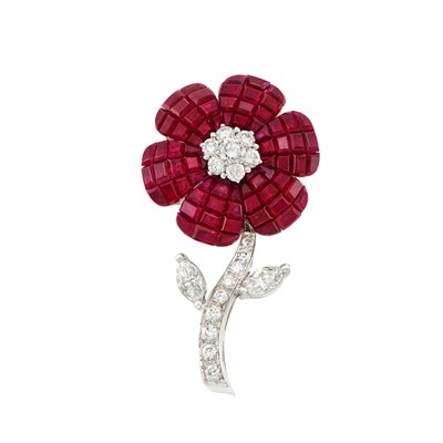Lot 477 - White Gold, Invisibly-Set Ruby and Diamond Flower Clip-Brooch, Fred Leighton
