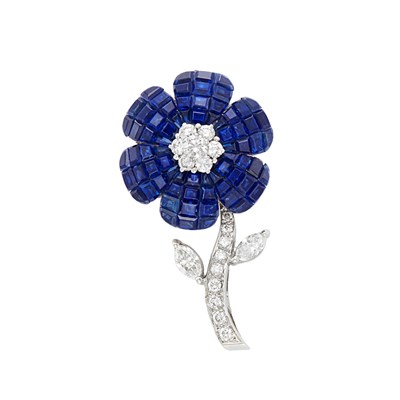 Lot 290 - White Gold, Invisibly-Set Sapphire and Diamond Flower Clip-Brooch, Fred Leighton
