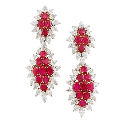 Lot 325 - Pair of Platinum, Gold, Ruby and Diamond Pendant-Earclips