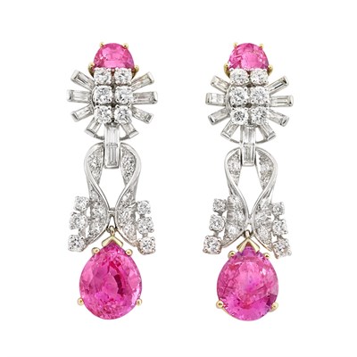 Lot 106 - Pair of Platinum, Gold, Pink Sapphire and Diamond Pendant-Earrings