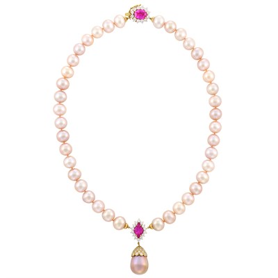 Lot 282 - Pink Freshwater Pearl, Gold, Pink Sapphire and Diamond Pendant-Necklace