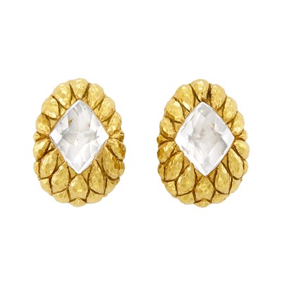 Lot 373 - Pair of Gold and Rock Crystal Earclips, David Webb
