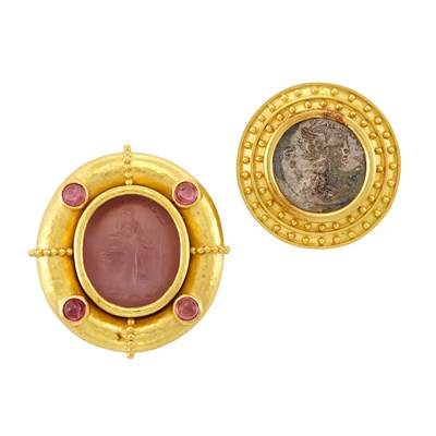 Lot 588 - Gold, Pink Glass Intaglio and Cabochon Pink Tourmaline Pendant Clip-Brooch and Gold and Silver Medallion Clip-Brooch, Elizabeth Locke