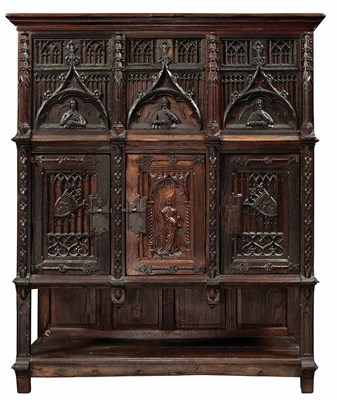 Lot 595 - Joined Gothic Style Oak Press Cupboard...