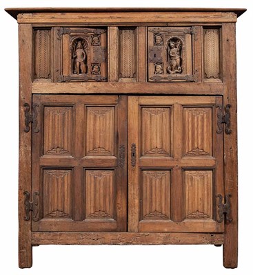 Lot 596 - Gothic Style Oak Cupboard Partially composed...