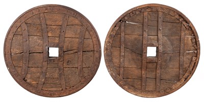 Lot 701 - Two Iron Mounted Oak Cart Wheels Each circular...
