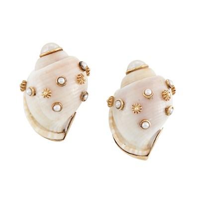 Lot 487 - Pair of Gold, Shell, and Split Pearl Earclips, Maz