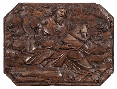 Lot 664 - Continental Stained Wood Panel of a Pilgrim...