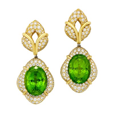 Lot 275 - Pair of Gold, Peridot and Diamond Pendant-Earclips, Henry Dunay