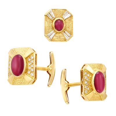 Lot 559 - Pair of Gold, Cabochon Ruby and Diamond Cufflinks and Tie Tac